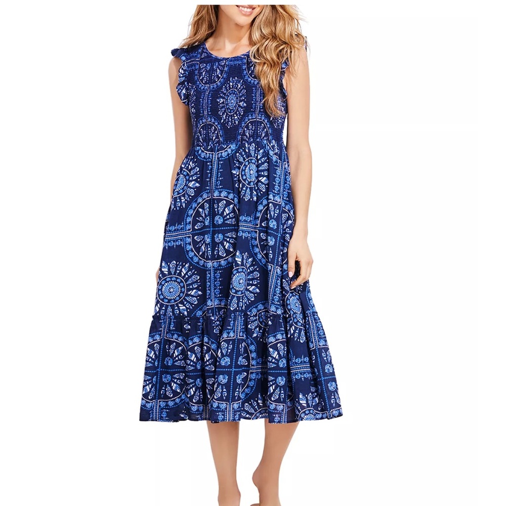 EUC Vineyard Vines Scarf Print Smocked Midi Dress